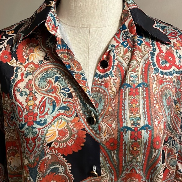 SHEIN multi paisley floral Boho satin feel button down shirt oversized Small - Picture 3 of 11
